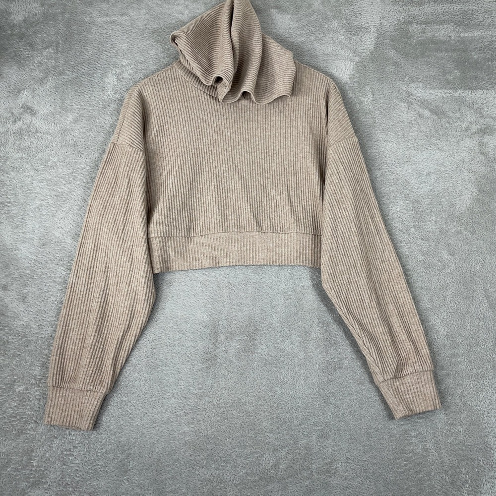 Alo Yoga Muse Hoodie Womens XS Tan Ribbed Knit Cropped Athleisure Pullover